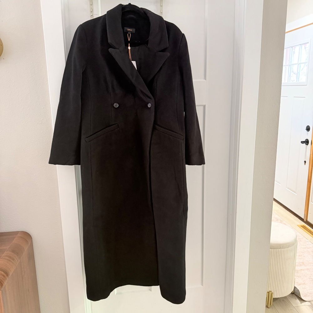 Quince Wool Cashmere Tailored Coat Black Double Breasted Long Jacket Large NWT